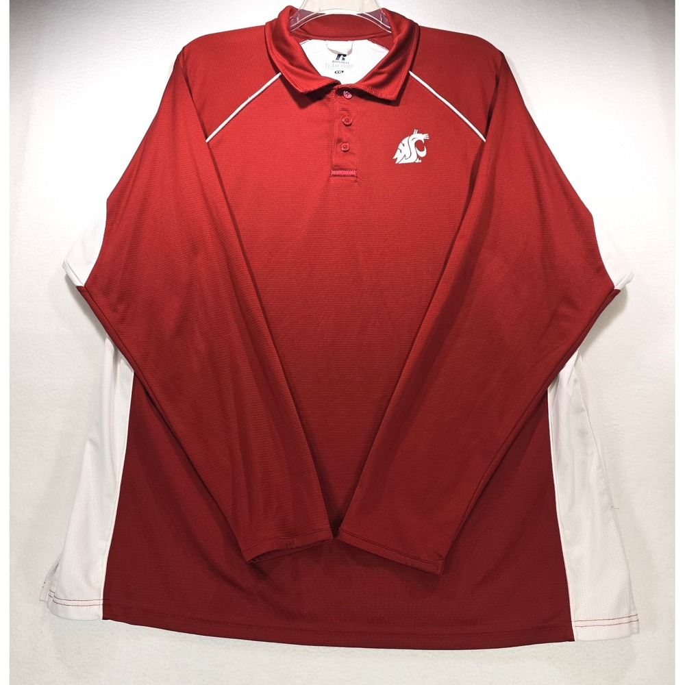 Russell Athletic WSU Cougars Long Sleeve Polo Shirt Mens XXL Crimson White WSU